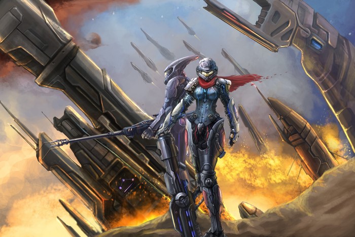 Two armored warriors with rifles on a battlefield
