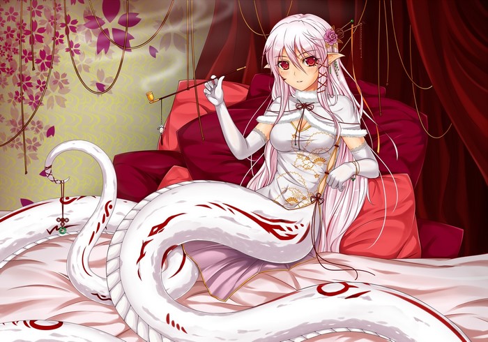 Anime girl with snake tail smoking a pipe on a bed
