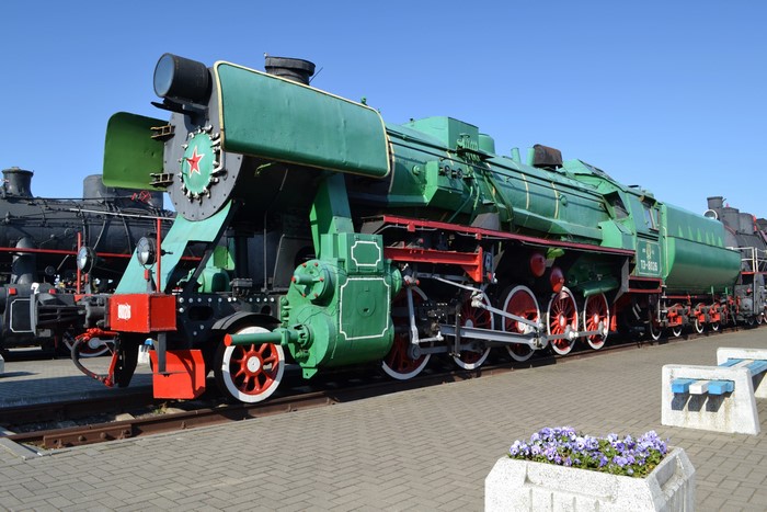 Green Soviet Locomotive on Display