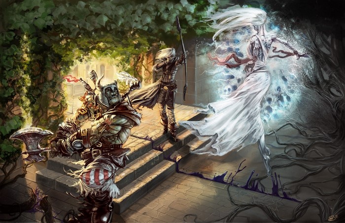 Warriors and ethereal being in a magical battle