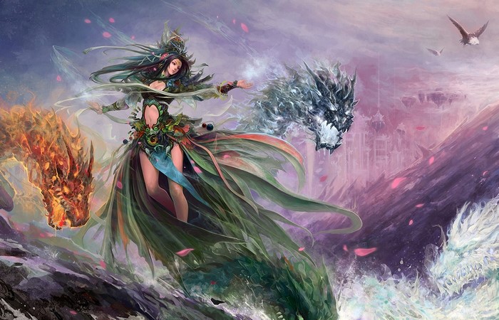 Woman controlling fire and ice dragons