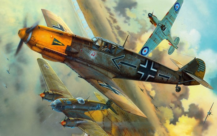 Messerschmitt Bf-109E4 and Hawker Hurricane dogfight