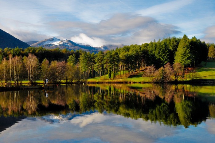 Lake with forest and snow-capped mountains