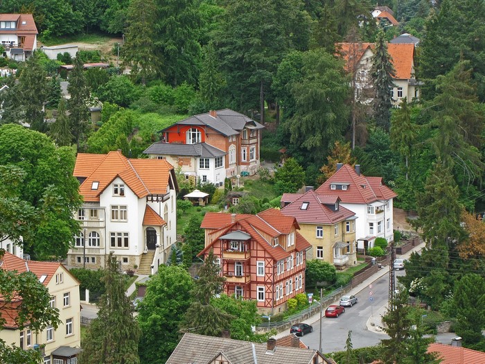 German houses on a tree-lined street