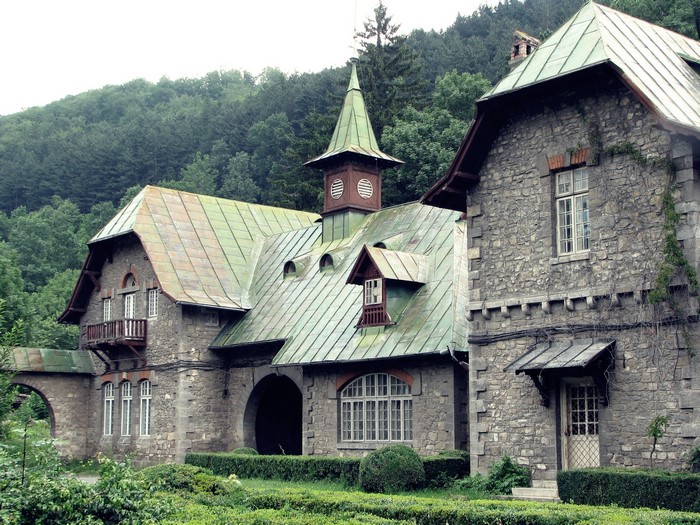 Stone mansion with green roofs and forest background