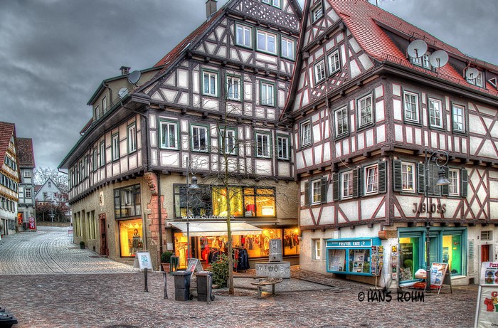 Half-timbered buildings in a German town square