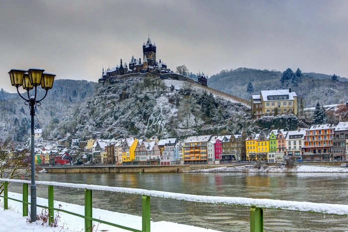 Cochem Castle and colorful houses in winter Germany