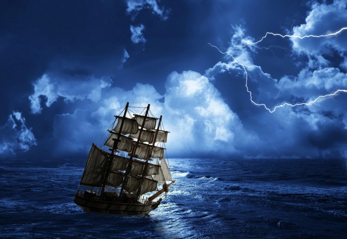 Sailing Ship in a Lightning Storm at Night