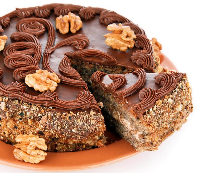 Chocolate cake with walnuts and chocolate frosting