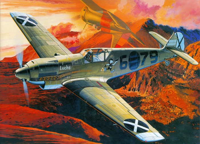 Bf-109D airplane in flight over mountains