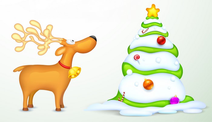 Cartoon reindeer and snow-covered Christmas tree
