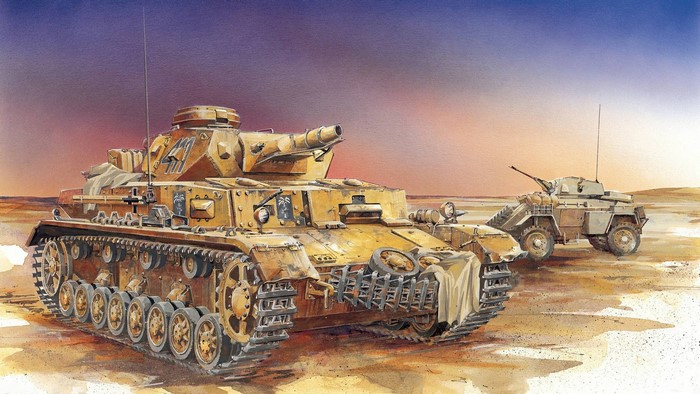 Panzerkampfwagen IV and armored car in desert