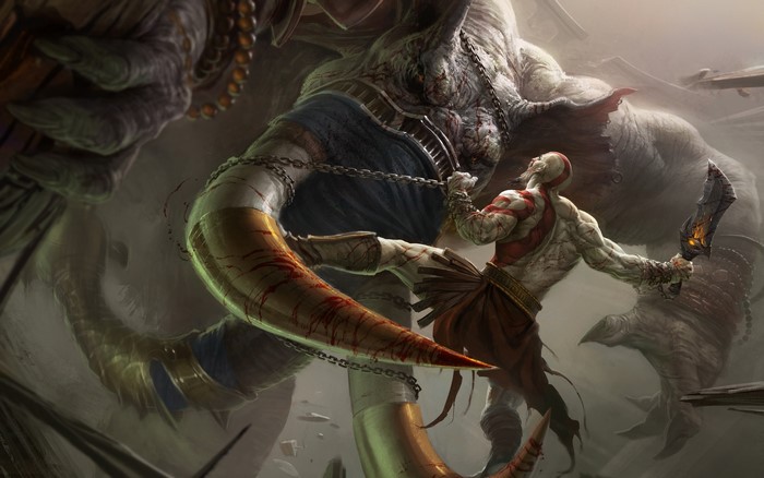 Kratos fighting a large monster in God of War