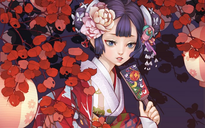 Girl in Kimono with Red Leaves and Lanterns