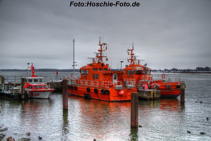 Orange pilot boats docked in a marina