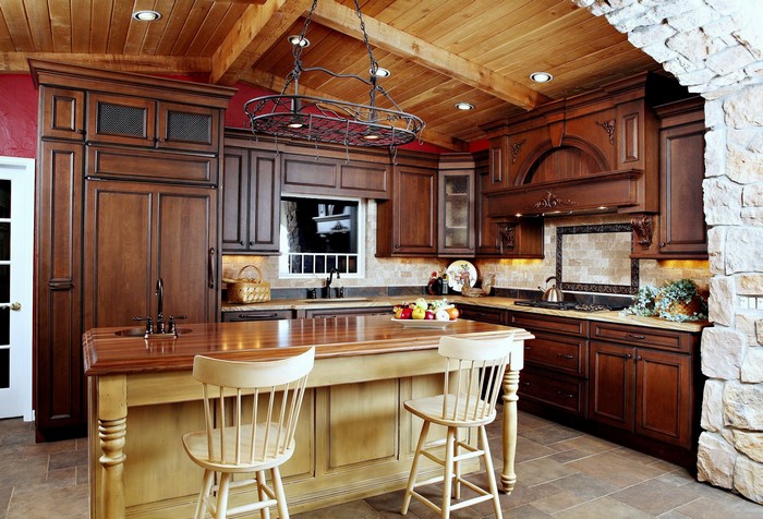 Wooden kitchen with island and chairs