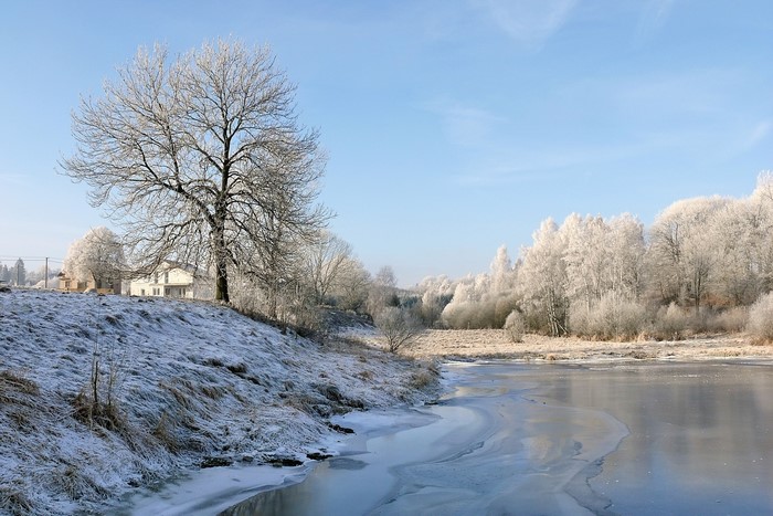 Winter landscape with frosted trees and icy river