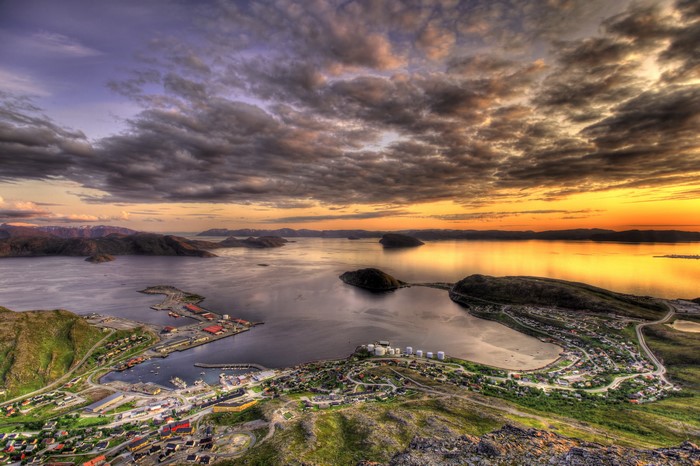 Rypefjord, Norway from above at sunset