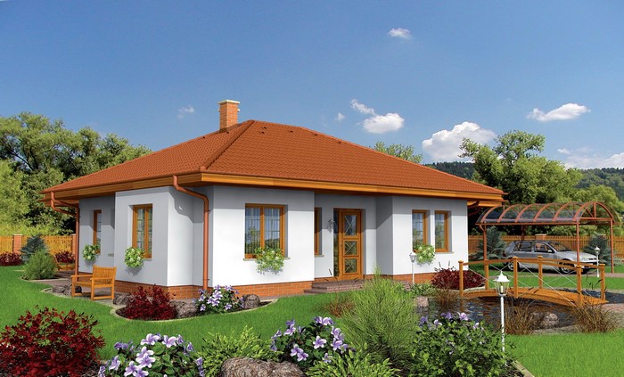 Single-story house with a red tile roof and garden