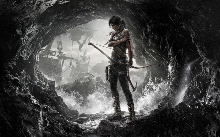 Lara Croft from Tomb Raider in a cave with ships