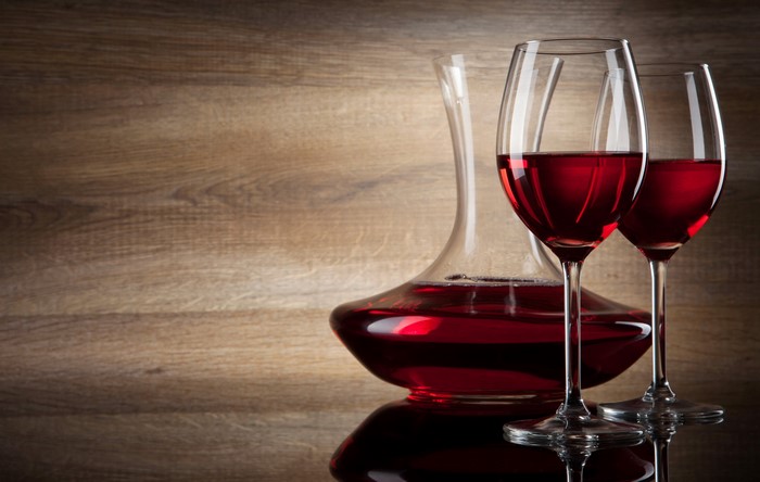 Red wine in decanter and glasses