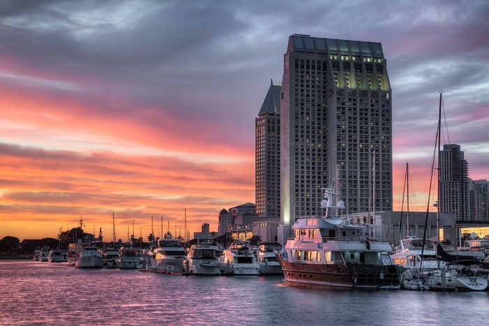 San Diego Harbor at Sunset with Yachts and Skyscrapers