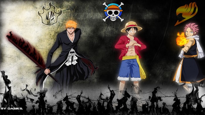 Ichigo, Luffy, and Natsu from Bleach, One Piece, and Fairy Tail