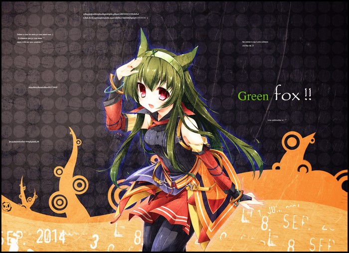 Kitsune girl with green hair and red eyes