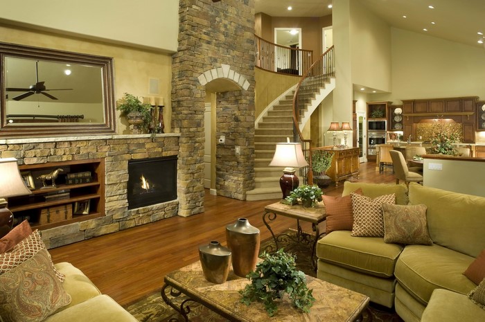 Living room with fireplace and kitchen