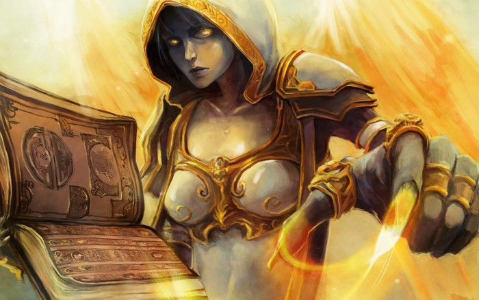 A woman in armor reads a book with glowing hands