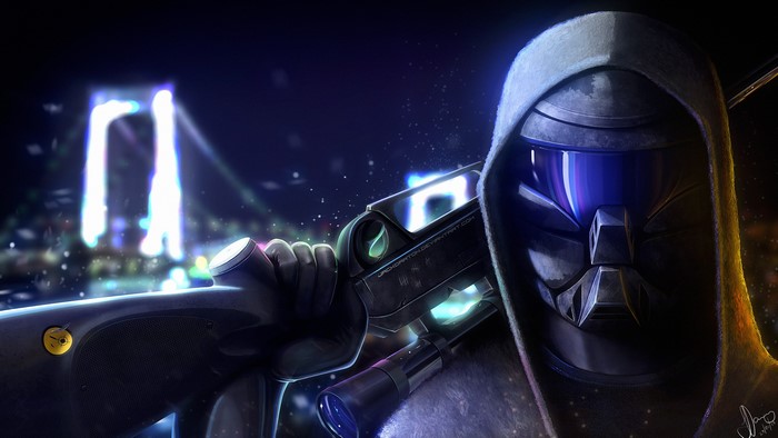 Figure in Hood with Rifle in City at Night