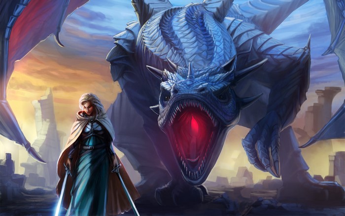 Warrior with swords facing a blue dragon