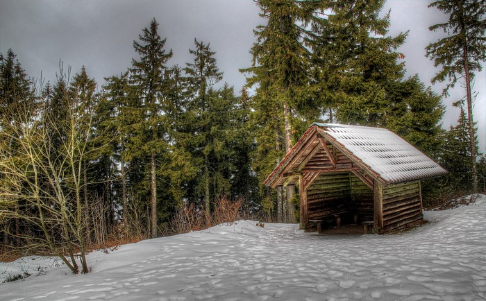 Wooden shelter in a snowy forest in Germany