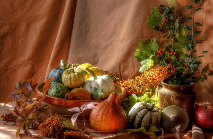 Still-life with pumpkins and autumn foliage