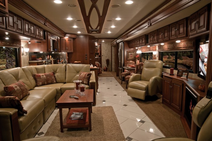 Luxury RV Interior with Living Area and Kitchen