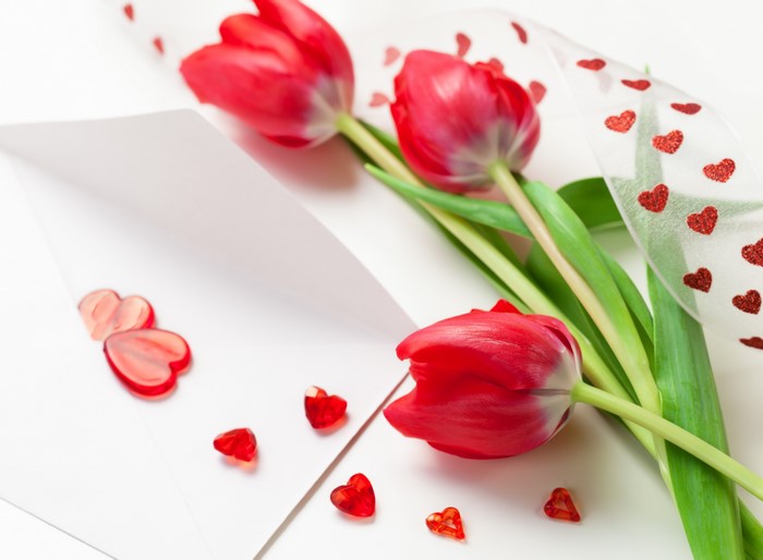 Red Tulips with Hearts and Envelope