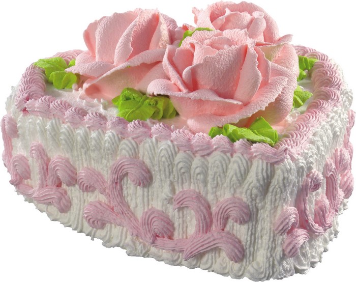 Heart-shaped cake with pink roses and white frosting