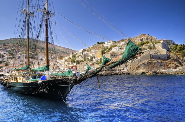 Sailing ship docked in a Greek harbor