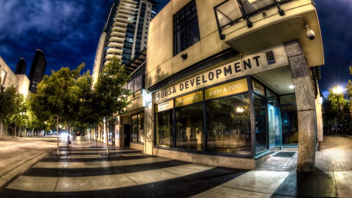 Bosa Development building at night in San Diego, California