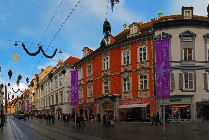 Street with Christmas Decorations and Shops