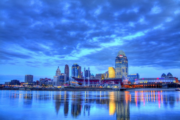 Cincinnati skyline over the Ohio River at dusk