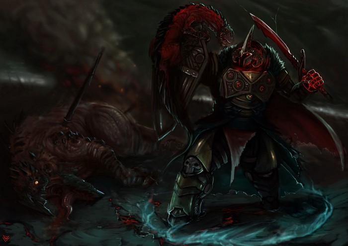 Warrior in armor fighting a dragon