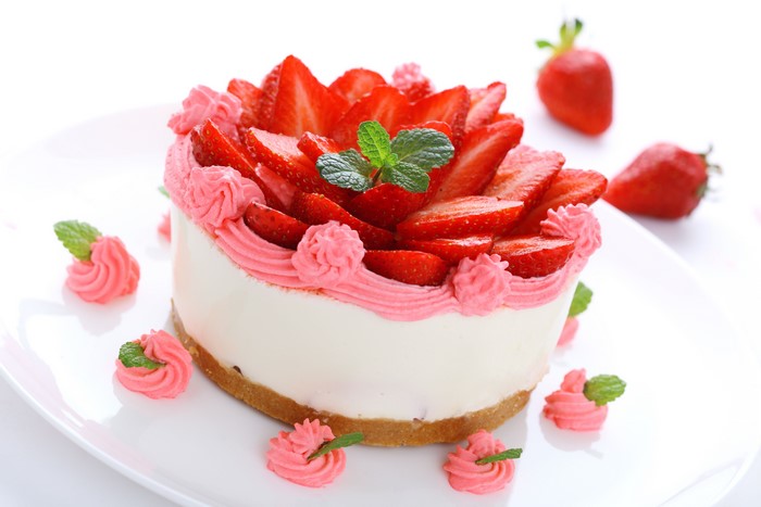 Strawberry Cheesecake with Pink Frosting and Mint