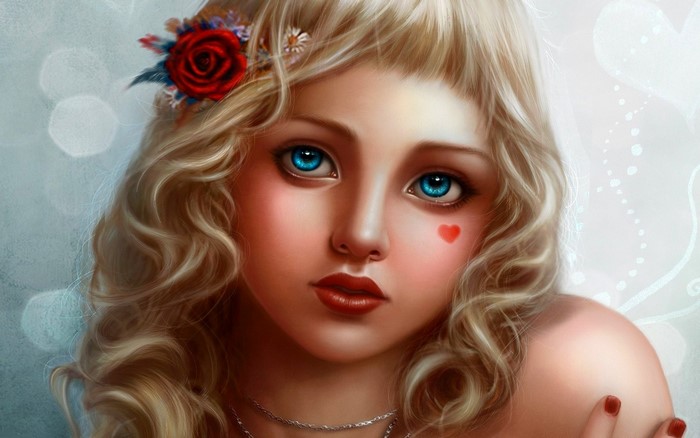 Girl with blonde curly hair and blue eyes
