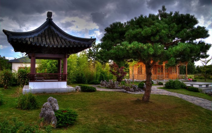 IGA Rostock Park with Pagodas and Trees in Germany