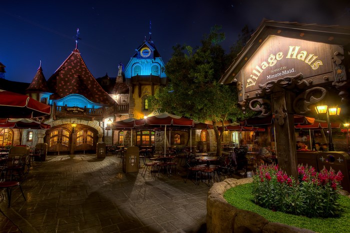 Village Haus restaurant at Disneyland at night