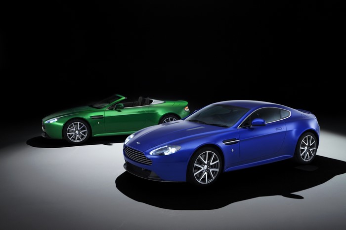Blue Aston Martin Vantage S and Green Aston Martin V8 Vantage S Roadster