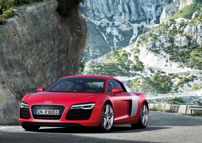 Red 2013 Audi R8 Coupe on Mountain Road