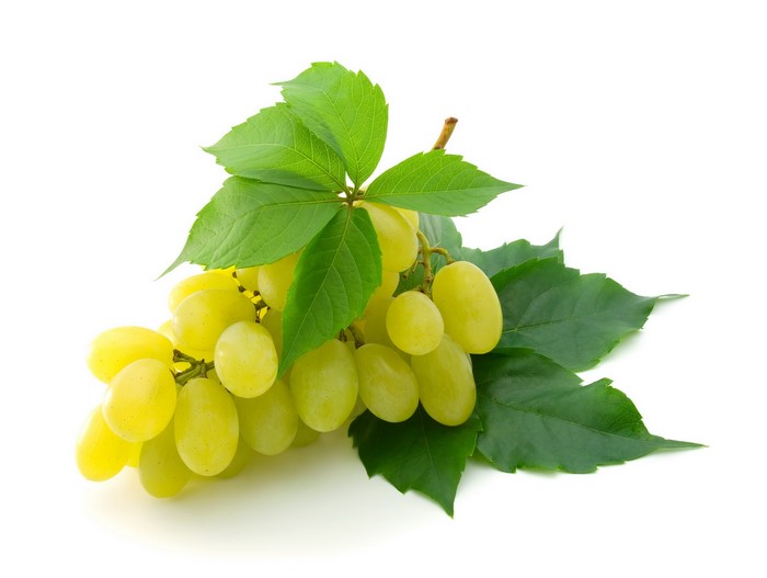 Bunch of green grapes with leaves