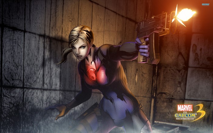 Jill Valentine from Marvel vs Capcom 3 firing a gun